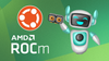 ubuntu and amd rocm logos on left, on the right is a floating white/blue colored robot with a gpu on its right arm