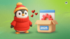 there is a sweatered up penguin standing on the left with some heart logos floating near it, on the right is a box labelled 2025, with an application window popping out of it