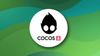 cocos 4 logo is in the center inside a circle with a white background, and behind that is a mixed green blue wavy wallpaper