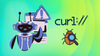 a floating purple roboto is on the left with a sad expression on its face display, on the right is the curl logo and a brown beetle illustration