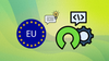 european union round flag element on the left, on the right are some elements to depict a conversation surrounding open source software