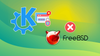 kde plasma logo on left, a buggy app window illustration on its right, and the freebsd logo on the lower right with a red cross symbol