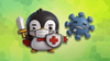 there is a masked up penguin holding a sword and shield in its flippers on the left, and on the right is a vanquished bug shown with an apt illustration