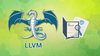 a blue-colored dragon logo for llvm is shown on the left, with an ai policy document illustration on the right (with a pen and magnifying glass)