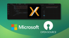 this green-colored illustration shows a screenshot of xaml studio up top, with the logo for microsoft below it, and an illustration for open source towards the right