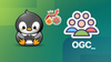 a gamer penguin with a controller in its flappers is sat on the left, on the right is an illustration of a group of people with the logo of the open gaming collective below