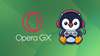 opera gx logo on left, and an illustration of a gamer penguin on the right with headphones on and a controller in its flapper
