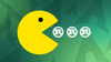 there is a big yellow-colored pacman going on its way to eat some rust programming language logos