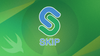 a faded out switf logo is on the bottom-left and the blue/green colored skip logo is in the middle