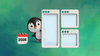 a calendar illustration on the left, a penguin peeking out from behind a bunch of app windows on the right