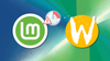 linux mint logo on left with a overdue clock above it, on the right is the logo for wayland, and the background has shades of white, blue, and green