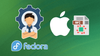 fedora logo with an illustration of a professional man above it on the left, on the right is the apple logo, and an illustration showing a document titled "api"