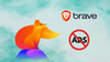 firefox's new fox mascor is stood on the left, and on the right is the lion-themed brave web browser logo and a no-ads illustration