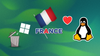 a trashcan with windows entering it is on the left, in the center is the french flag, on the right is tux, the mascot penguin of linux