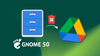 gnome files app logo, gnome logo and gnome 50 written in white on the left, in the middle is a red trashcan illustration, and on the right is the google drive logo