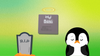 there is a gray-colored tombstone on the bottom-left that says R.I.P, in the middle is a picture of a i486 chip with a halo over its head, and on the right is a sad penguin