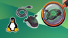tux, the mascot penguin of linux is placed on the bottom-left, on the right is an illustration that shows a malicious computer mouse with bat-like wings and theming