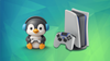 on the left is a gamer penguin with headphone on its head, and a controller in its flippers, on the right is an illustration of the playstation 5 console