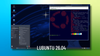 a screenshot of lubuntu 26.04 is placed in the center, and the background is mixed shades of blue, white, and green