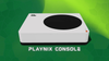 the background is mixed shades of green, in the middle is a playnix console device, and below that, "playnix console" is written boldly in white with a distortion effect applied