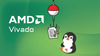 the white-colored amd vivado logo is on the left, in the middle is an illustration of a fish hook with a bait attached (a licensing document), and on the right is a hopeful penguin
