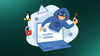 against a dark green background, an illustration shows a hacker coming out of a laptop and tux, the mascot penguin of linux