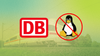in the background is a db ice train, in the foreground is the deutsche bahn logo on the left, and on the right is tux, the mascot penguin of linux with a no symbol above it