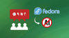 on the left is an illustration showing angry people, on the right is the fedora logo pointing towards a no ai sign