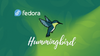 fedora logo is on top, in the middle is a flying hummingbird, and, below, the word hummingbird is written in white in a funky font