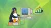 a gamer penguin is sat on a stool, playing a game on an old computer, on the right is an illustration showing gains