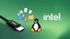 picture of a usb4-labelled usb-c cable is on the left, then there's an illustration of files being moved fast, then there's tux, the mascot penguin of linux, and the intel logo