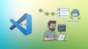 vs code logo on the left with an evil-looking eye inside it, on the right is an illustration depicting a developer working on a laptop and the copilot co-author tag being added to their work