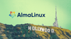 placed on top is the almalinux logo, and below that is a picture of the well-known hollywood sign atop mount lee in los angeles