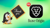 a penguin holding a placard that says "thank you" is on the left, on the right is the black/white logo for brave o