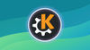 this mixed blue/green picture shows the yellow/white-themed kde linux logo in the middle