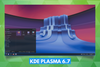 against a mixed-green triangle-themed background, a screenshot of kde plasma 6.7 is shown with the release's name written in white inside a blue box below