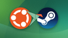 the logos for ubuntu, snapcraft, and steam are placed in the center, the background is mixed shades of green