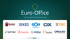 euro office logo is on the top, with a white banner section below showing logos of the many colation members for the euro-office project