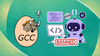 gcc logo, an illustration showing a robot working on a computer with a banned sticker on it