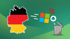 german map with flag embedded on left, a depiction of microsoft and sharepoint going into a trash can on the right