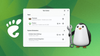 gnome logo, mockup of test center app, and a penguin with a wrench in its flipper