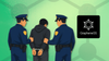 an illustration depicting law enforcement officers taking away a person in handcuffs (left), the white-colored grapheneos logo against a black background (right)