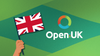 the united kingdom flag is shown being hurled up a human arm on the left, on the right is the multi-color logo for the openuk organization