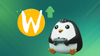 wayland logo, upwards green arrow, and a gamer penguin with a controller in its flippers