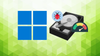 the blue-colored blocky windows logo is on the left, an illustration showing a bug in a hard drive causing it to run out of space on the right