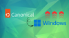 canonical and windows logo with elements depicting collaboration and an upward trend 