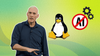 photo of greg kroah-hartman on the left, two illustration showing tux, the mascot penguin of linux and a ai ban sign on the right