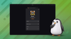 a curious penguin looks over to a screenshot of gnome boxes (the beta version of revamp) on its right