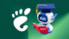 gnome logo on left, a floating robot on right reading a manual