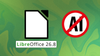 libreoffice 26.8 is written below the libreoffice logo (left), an illustration depicting a no ai sign (right), the background features a wavy pattern in shades of green